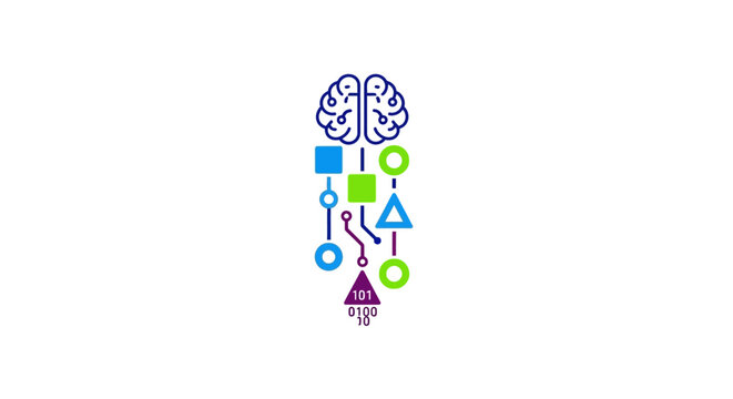 A digital illustration of a human brain connected to abstract geometric data shapes