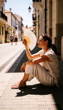 Young woman in linen dress sitting on sunny European cobblestone street fanning herself with paper fan to cope with summer heat wave, urban heat climate concept, vertical