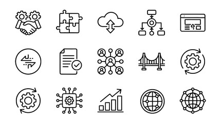 Obraz na płótnie Canvas Business integration line icon set with workflow and network symbols