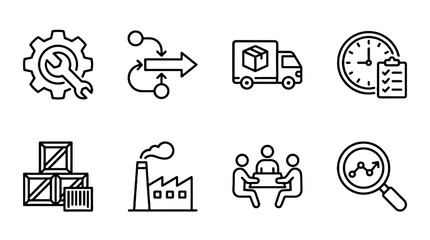 Fototapeta premium Operations management line icon set with logistics and analytics