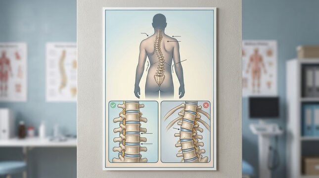 Illustration showing spinal curvature and vertebral alignment in a medical setting