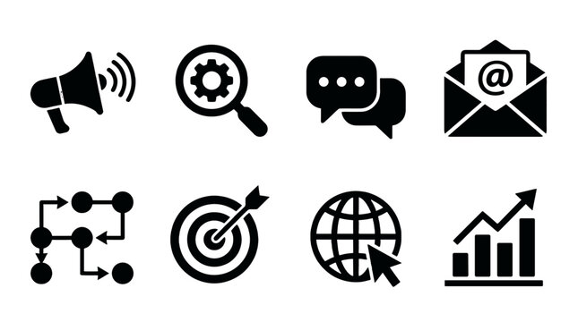 Digital marketing solid icons set with communication symbols