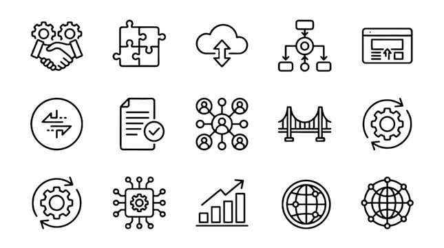 Business integration line icon set with workflow and network symbols