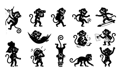 Funny Monkey Mascot Vector Set with Prehensile Tail in Adventure and Leisure Poses © Shultana