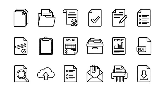 Document and file management line icon set