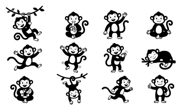Cute Funny Brown Monkey Character Vector Set with Prehensile Tail in Playful Activity Poses