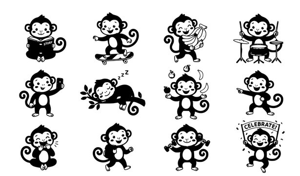 Brown Monkey Cartoon Characters Collection with Fun Daily Activities Vector Illustration