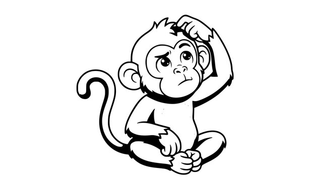 Cute Cartoon Monkey Mascot Thinking Pose Vector Illustration for Creative Ideas and Education