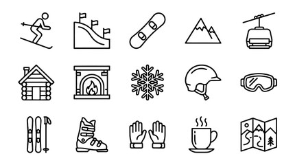 Winter sports resort line icon set with skiing and mountain gear © Andrei