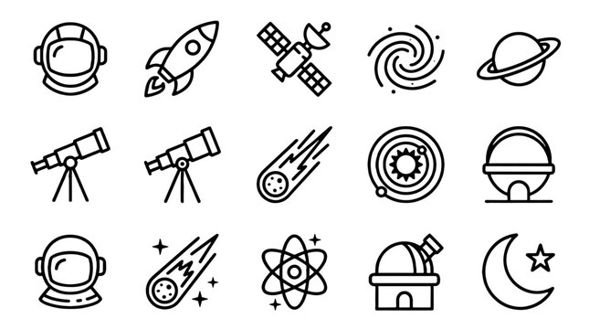 Space astronomy line icon set with astronaut rocket and telescope