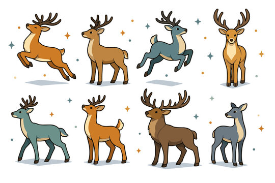 A playful collection of illustrated deer in various poses, featuring a vibrant, modern style suitable for festive themes