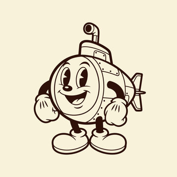 Cheerful Retro Cartoon Submarine Character Standing - Vintage Underwater Vessel Mascot
