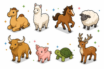 Obraz premium A colorful collection of cute farm animals including a camel, llama, horse, sheep, cow, pig, turtle, and deer in a playful, cartoon style
