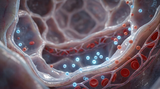 Intestinal villi microscopic structure. Nutrient absorption metabolic process. Gastroenterology digestive health concept