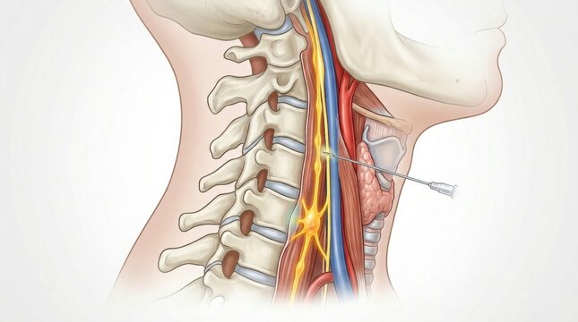 Close-up anatomical illustration of a needle targeting a nerve in the cervical spine region