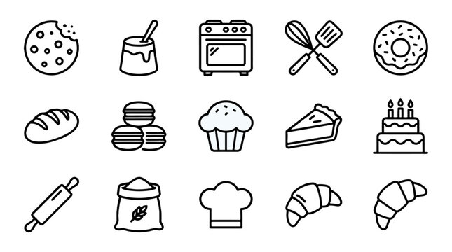Bakery line icon set with bread, cake, oven and baking tools