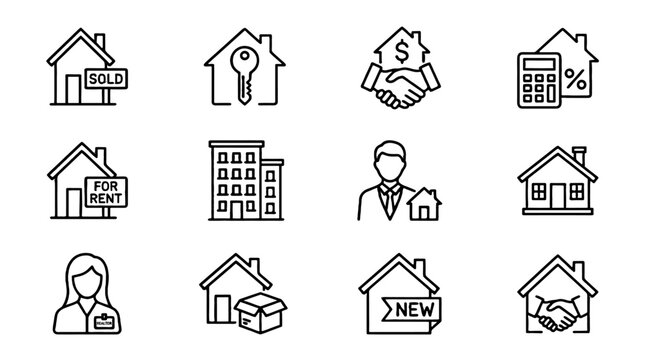 Real estate line icon set with house, agent, mortgage and sale