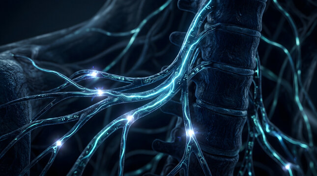 Spinal cord nerve roots. Neural signal transmission activity. Neurology neurosurgery concepts backdrop