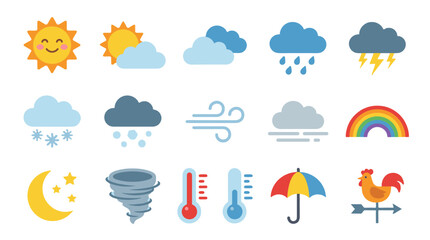 Obraz premium Colorful flat weather icon set with sun, clouds, rain and wind
