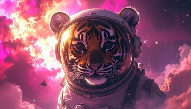 Tiger Cub Astronaut Drifting Through Cosmic Nebula. Majestic tiger cub in a glowing space helmet floating through a vibrant galaxy filled with stardust and light.