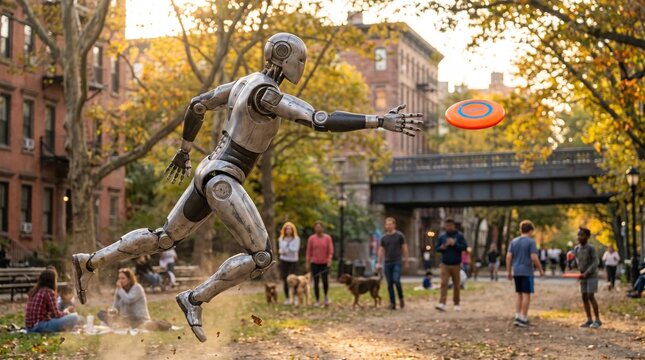 Futuristic robot playing frisbee in a park with people enjoying autumn day