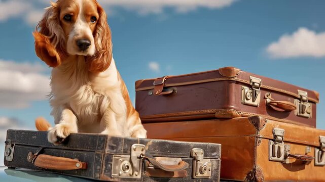 Dog resting on old suitcases on top of a car under blue sky during daytime while waiting for adventure
