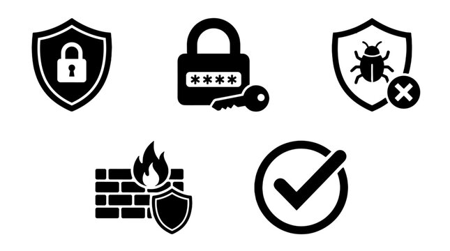 Cyber security icon set with shield lock firewall and check