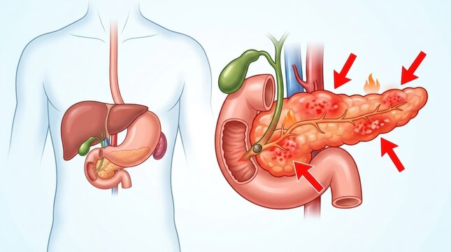 Illustration of inflamed pancreas with red arrows indicating pain and inflammation