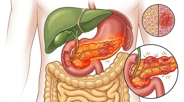 Illustration of pancreatic cancer affecting the digestive system and liver
