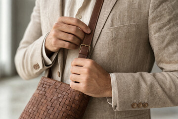 Fototapeta premium Detail of a stylish man wearing a linen blazer and carrying a premium woven leather shoulder bag, adjusting the strap before a business meeting or urban commute.