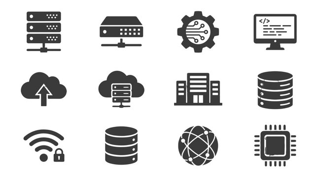 Solid technology and server infrastructure icon set