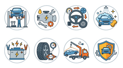 Fototapeta premium A vector graphic illustration of various car maintenance and repair services depicted through eight distinct icons.