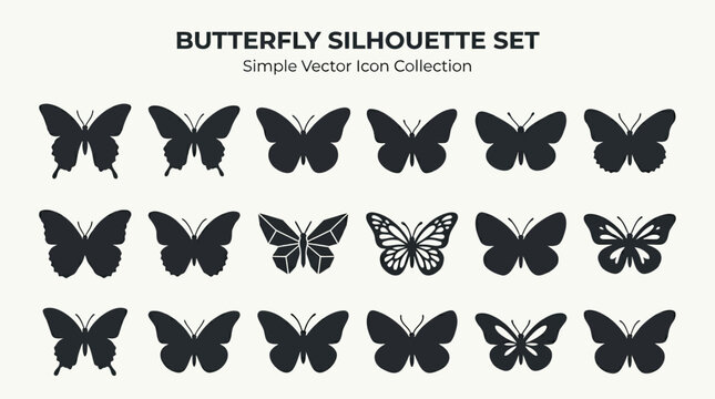 A collection of butterfly silhouettes in various poses displayed on a clean background in a vector illustration.