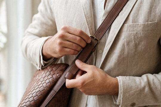 Close-up of a stylish man wearing a beige linen suit adjusting the buckle on his brown woven leather messenger bag strap, perfect for luxury lifestyle and fashion concepts.