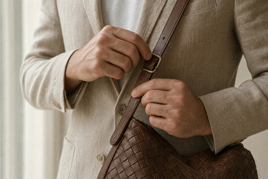 Close-up of a man in a beige linen blazer adjusting the strap of a brown woven leather messenger bag while standing indoors, representing high-end fashion and lifestyle.