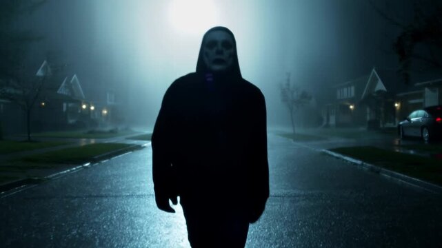 Mysterious figure walking at night on foggy suburban street