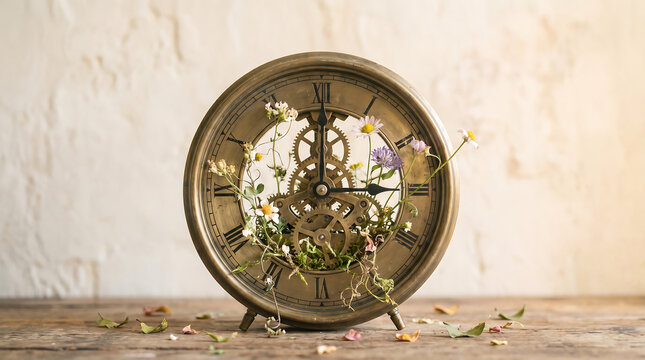 vintage clock with flowers growing through mechanism against soft cream background