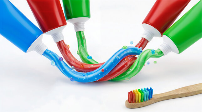 colorful toothpaste squeeze forming smile shape against clean white background