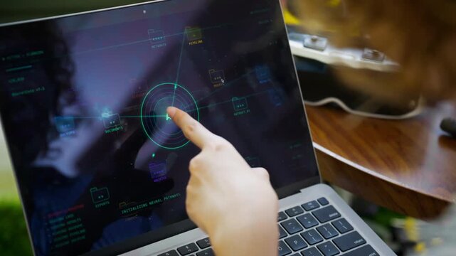 Close-up of laptop screen displaying autonomous AI agent dashboard managing file organization. Concept of agentic AI, autonomous systems, MLOps, intelligent automation, and AI-driven file management.