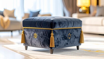 Naklejka premium Luxurious Deep Blue Velvet Ottoman with Ornate Gold Embroidery and Tassel Trim for Elegant Home Decor