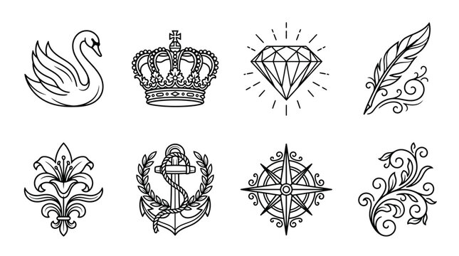 Elegant Collection of Vintage Decorative Elements and Symbolic Vector Icons Swan, Crown, Diamond, Anchor, Feather, and Floral Designs for Graphic Projects