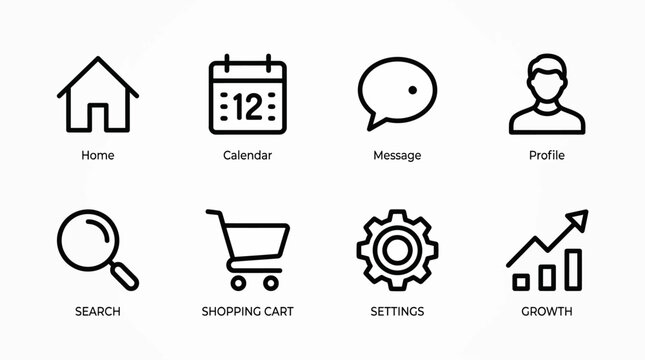 Modern vector outline icons for web and mobile application design, featuring essential UI elements for navigation, e-commerce, communication, and data analysis