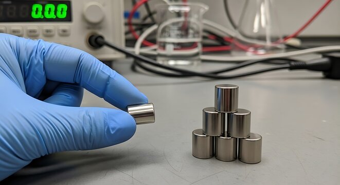 Hand in a blue protective glove holding a small metal cylinder near a pyramid stack of magnets on a laboratory workbench with test equipment