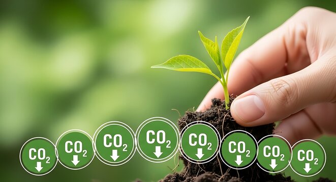 Hand holding a small plant with roots in soil surrounded by floating co2 with downward arrows for environmental sustainability concept