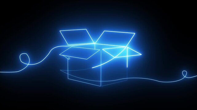 Continuous line neon blue open cardboard box loop animation, glowing concept for online shopping and delivery