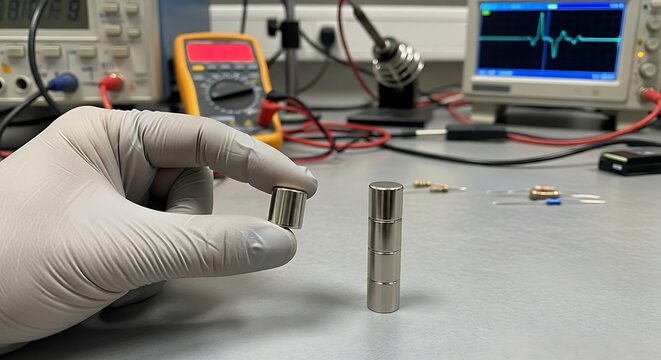 Hand in a protective glove holding a small metal cylinder near a stack of magnets on a laboratory workbench with electronic test equipment