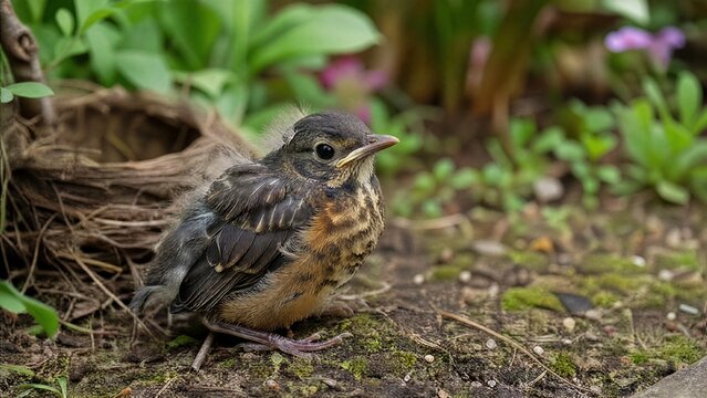 fledgling. A fledgling bird with ruffled feathers on the ground near its nest. wildlife magazines, conservation campaigns, designed for eco-tourism storytelling, used by event planners.