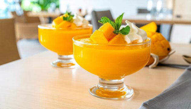 Sweet mango pudding dessert with whipped cream and fresh mint leaves in glass bowls on a table.