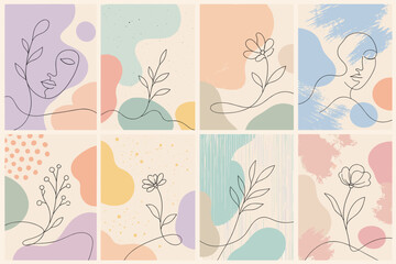 Obraz premium A collection of minimalist line art illustrations featuring abstract shapes and floral designs in soft pastel colors