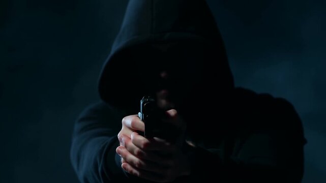 Hooded figure aims pistol in dramatic lighting for suspenseful thriller scene